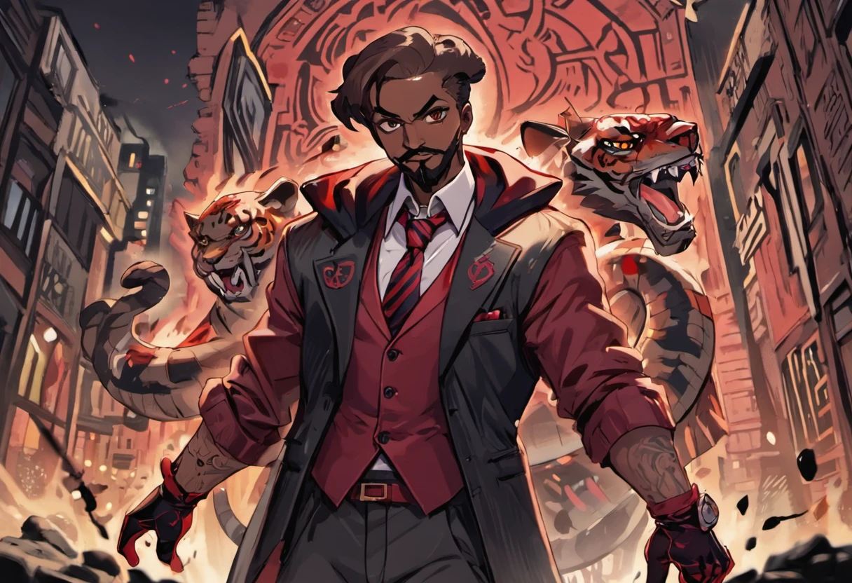 high resolution thick-line fighting game, splash-art character art (((Dark-skinned male))),((Nubian nose ,faded cut, well trimmed beard and mustache:2, black slacks, midnight vest and tie, crimson shirt, red mid - finger gloves, italian shoes and a capone hat with a steel tiger clip on the side, hooded onyx eyes, serpent tattoo in a symbol similar to the ‘Ankh on his forehead, sword in hand,))::10 (immortal, Guild vanguard, Walking a busy festive futuristic street at night and bares a red tattoo of a bold 'R' on his neck. )::4 (masterpiece), high quality, Octane Render, intricate, intricate details, maximalist, highly detailed, finely detailed, ultra-detailed, Rival Schools, Edayn, udon, and Alex "oh8" Ahmed. The two-tone background features an evening sun cascading over a futuristic urban , city