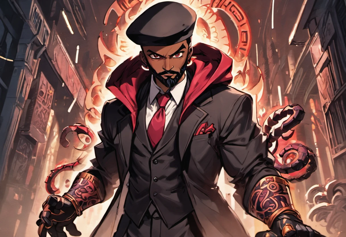 high resolution thick-line fighting game, splash-art character art (((Dark-skinned male))),((Nubian nose ,faded cut, well trimmed beard and mustache:2, black slacks, midnight vest and tie, crimson shirt, red mid - finger gloves, italian shoes and a capone hat with a steel tiger clip on the side, hooded onyx eyes, serpent tattoo in a symbol similar to the ‘Ankh on his forehead, sword in hand,))::10 (immortal, Guild vanguard, Walking a busy festive futuristic street at night and bares a red tattoo of a bold 'R' on his neck. )::4 (masterpiece), high quality, Octane Render, intricate, intricate details, maximalist, highly detailed, finely detailed, ultra-detailed, Rival Schools, Edayn, udon, and Alex "oh8" Ahmed. The two-tone background features an evening sun cascading over a futuristic urban , city