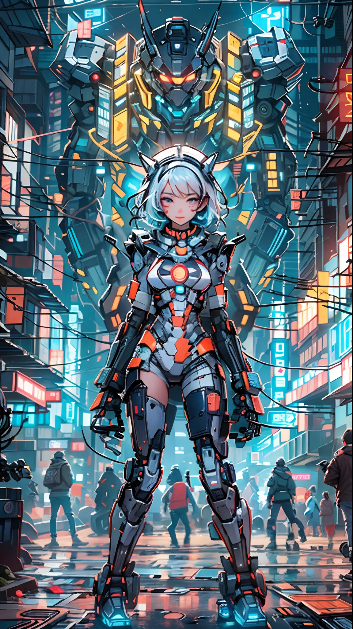 masutepiece, Best Quality, Confident cyberpunk girl, Full body shot, ((Stand in front of a huge robotic weapon)), Pop costumes inspired by Harajuku, Bold colors and patterns, Eye-catching accessories, Trendy and innovative hairstyles, Bright makeup, Cyberpunk dazzling cityscape, Skyscrapers, neon signs, led lights, Bright and vivid color scheme, animesque, Illustration, Detailed skin texture, Detailed Cloth Texture, beautifull detailed face, Intricate details, ultra-detailliert.