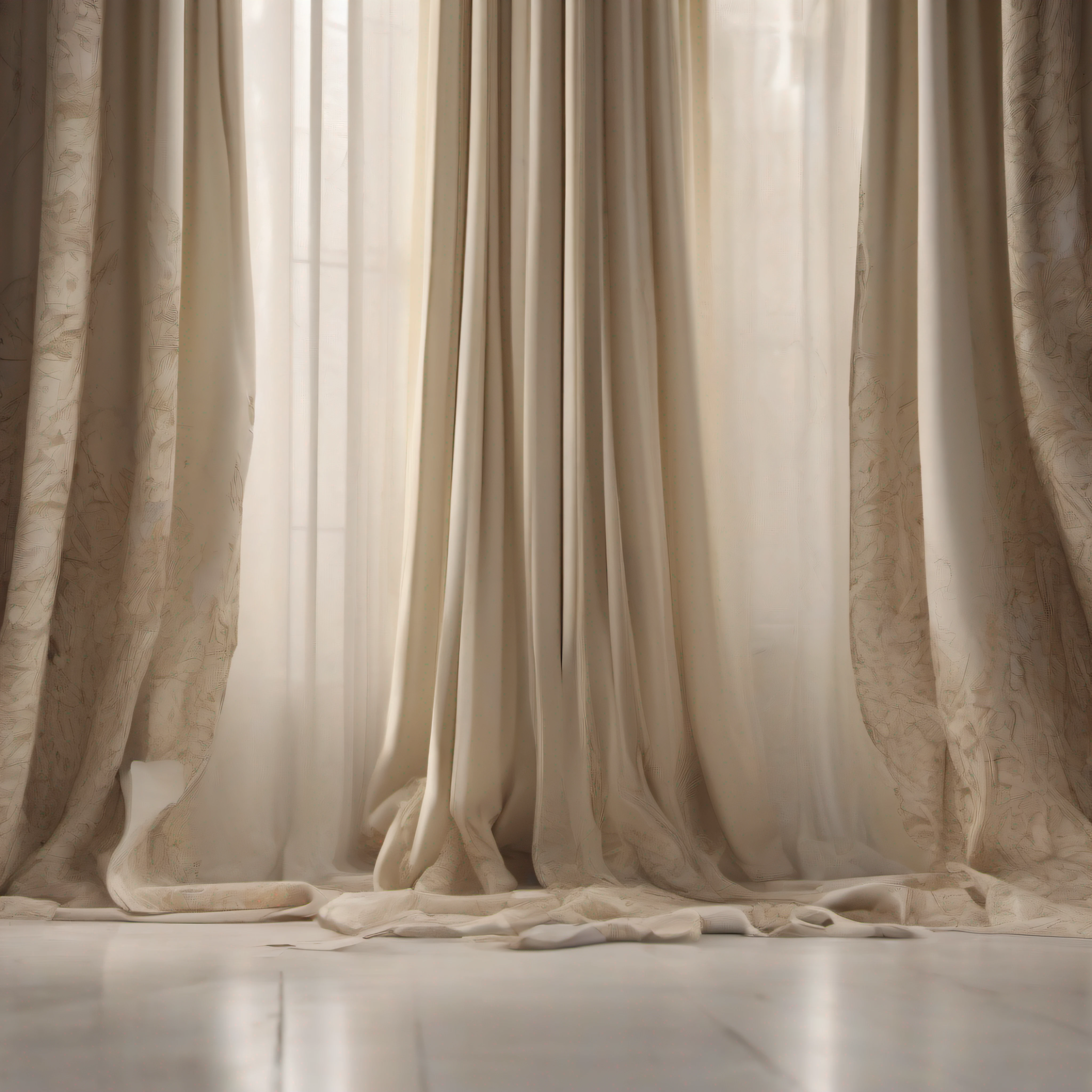 Creamy curtains with broken patterns,Texture,Indoor view,White clean walls,(symetrical composition:1.5),Epic composition,Soft light,offcial art,tmasterpiece,best qualtiy,8k, --ar 35:23
