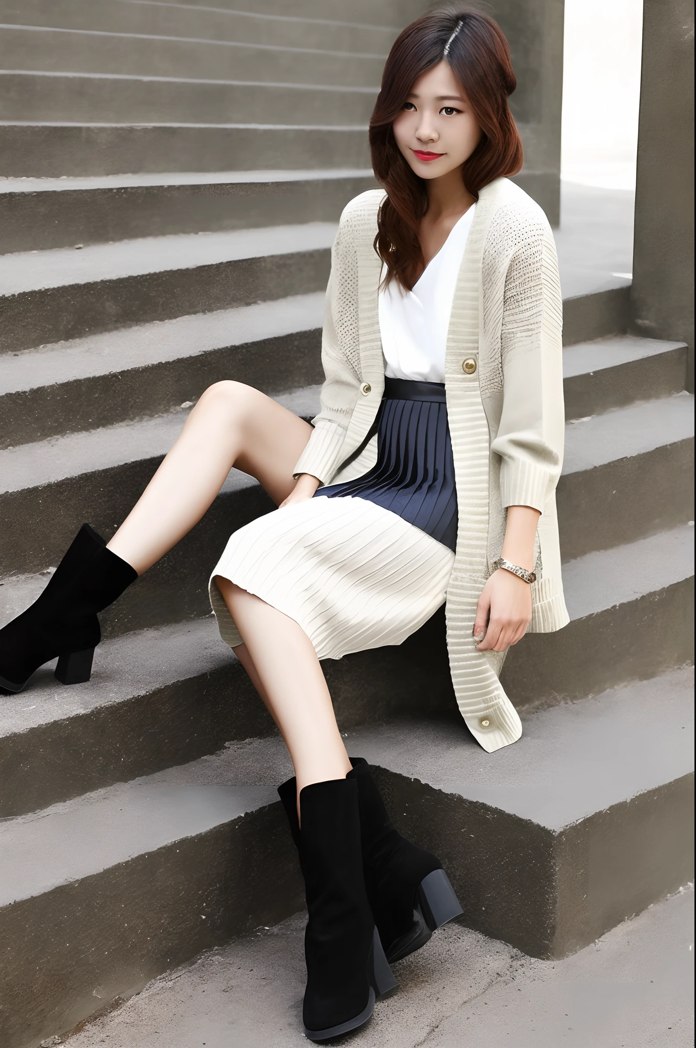 V-neck cardigan、Pleated Flower Skirt、Heel Short Boots、Realistis、Beautie