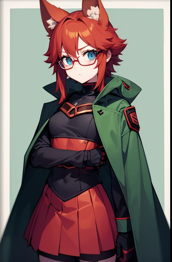 softly toned young adult, small breasts, short scruffy red hair, fox girl, pale blue eyes and black glasses, upset sad, wearing a dark green coat, red comfy undershirt, long black pleated skirt, black autumn gloves
