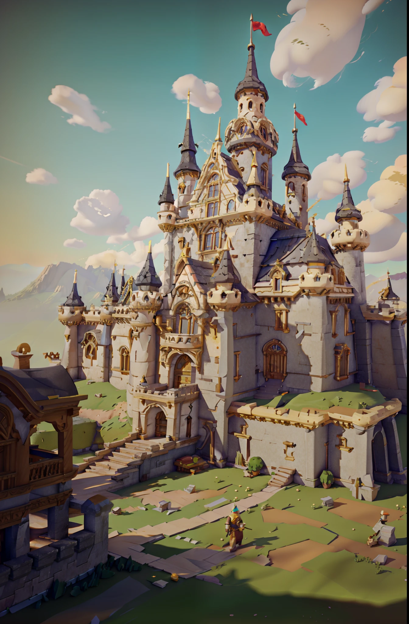 European castle，grandiose buildings，Rolling hills，super detailed color lowpoly art,painted as a game concept art, 3 d render stylized,