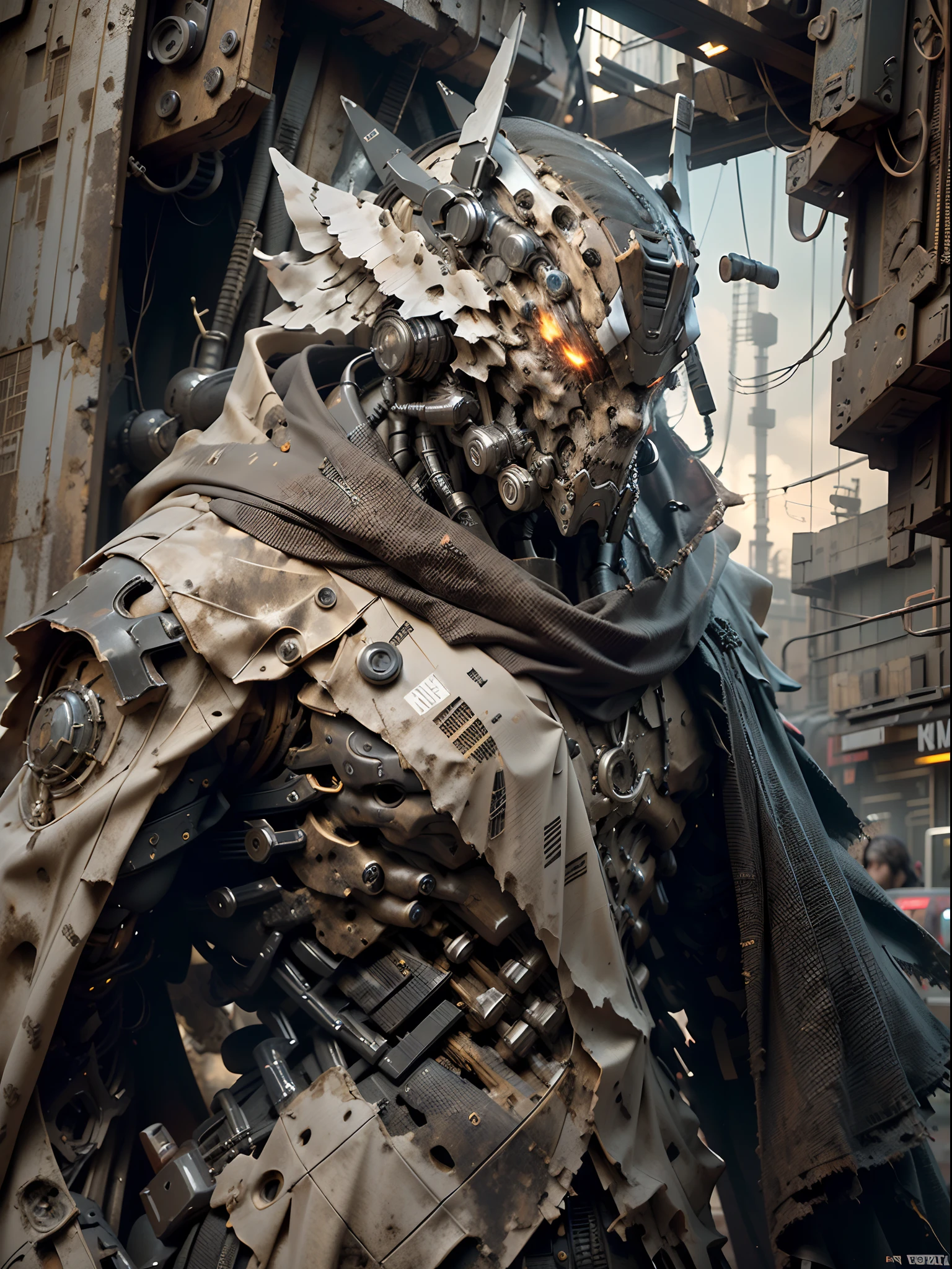 Dark_Fantasy, cyberpunk, (best quality, masterpiece), white, mecha in the shape of fat zombie, muscular body, horror, creepy, blood mess, chain, hip-hop suit style, mechanical marvel, robot presence, cybernetics guardian, wearing cybernetic robe, city, highest quality digital art, stunning art, wallpaper 4k, highly detailed, military mecha, army, war zone, black and white, highest quality digital art, stunning art, wallpaper 4k, 8k, 64k, hd, unparalleled masterpiece, dynamic lighting, transformers movie, epic, damaged mechanical parts