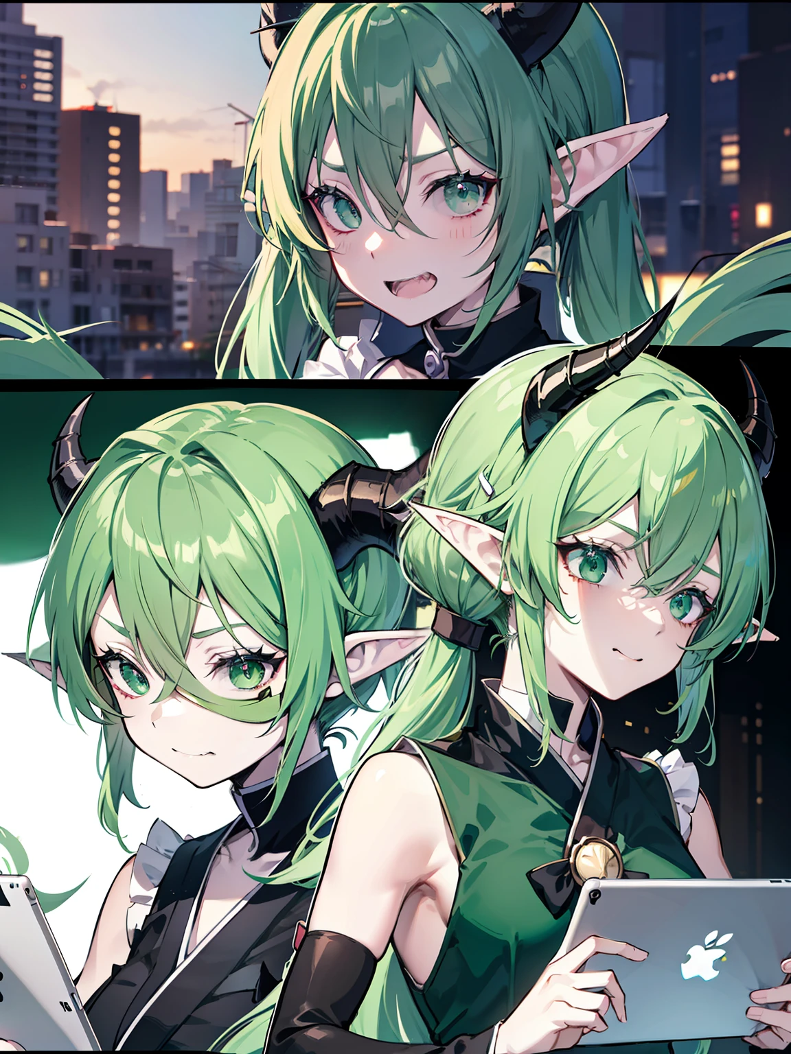 Green twin tail hair,green byakugan eyes , elf ears ,demon horns with a tail, animating on an ipad, blindfolded (in mappa studio)(sad facial expressions)