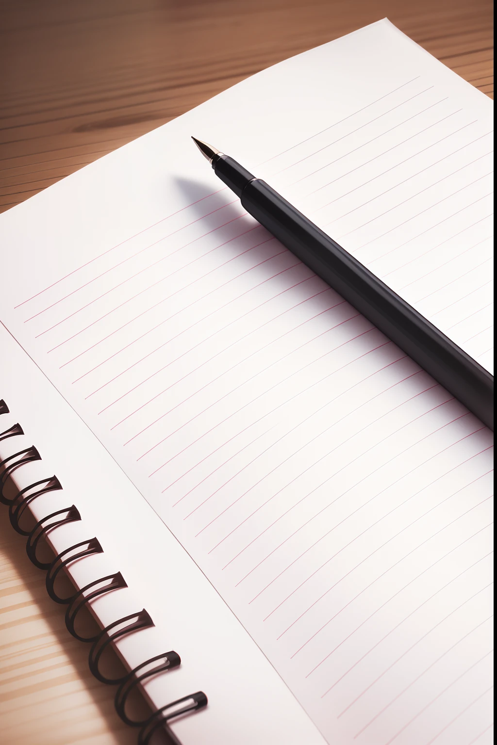 white sheet of notebook, with pink stripes, with a black pen on the side of the sheet, on top of a table, ultra realistic