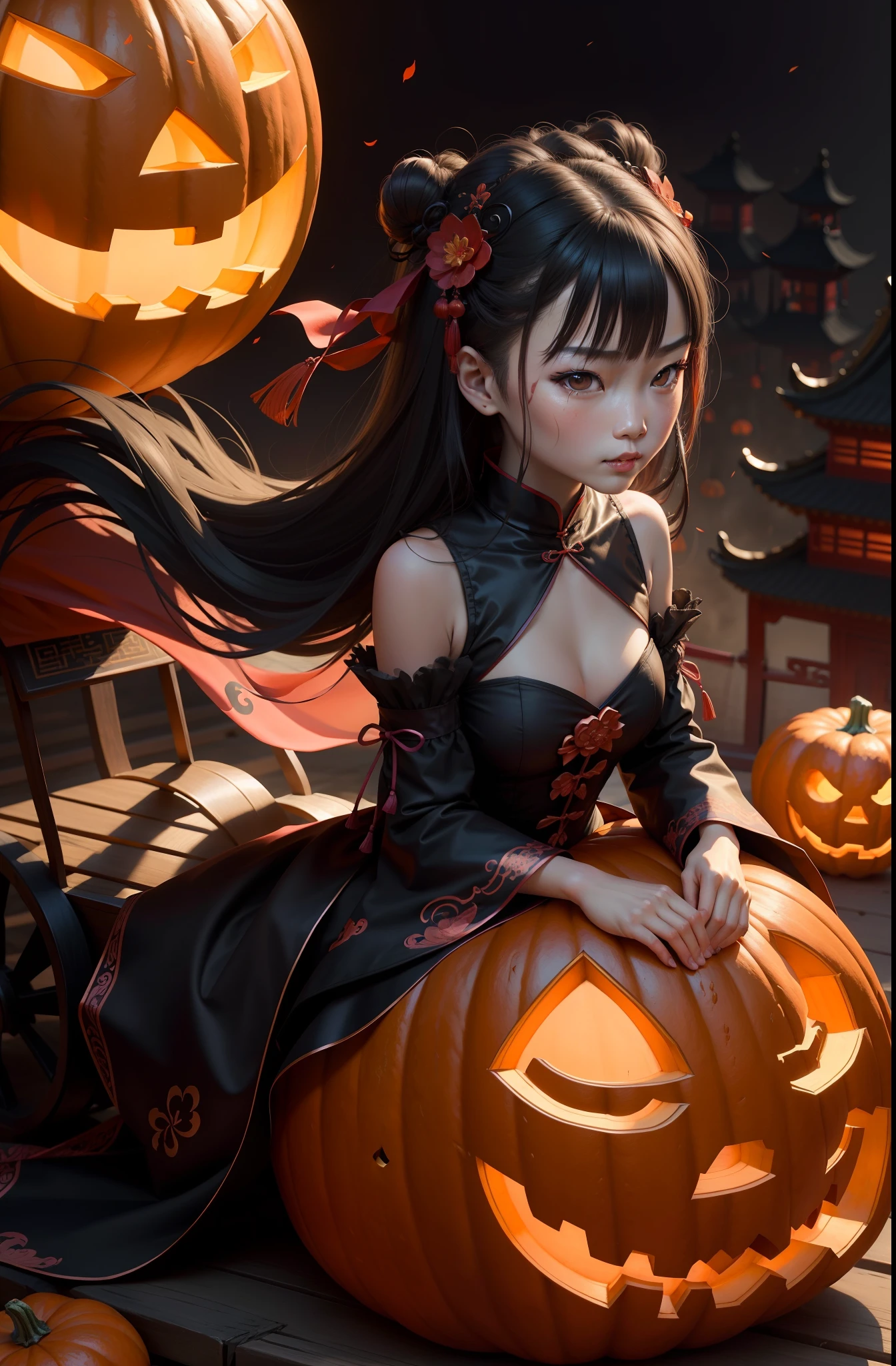 Chinese style Halloween characters，Pumpkin cart，Dark Princess Wind，Detailed facial portrayal，Fine texture，Juvenile face