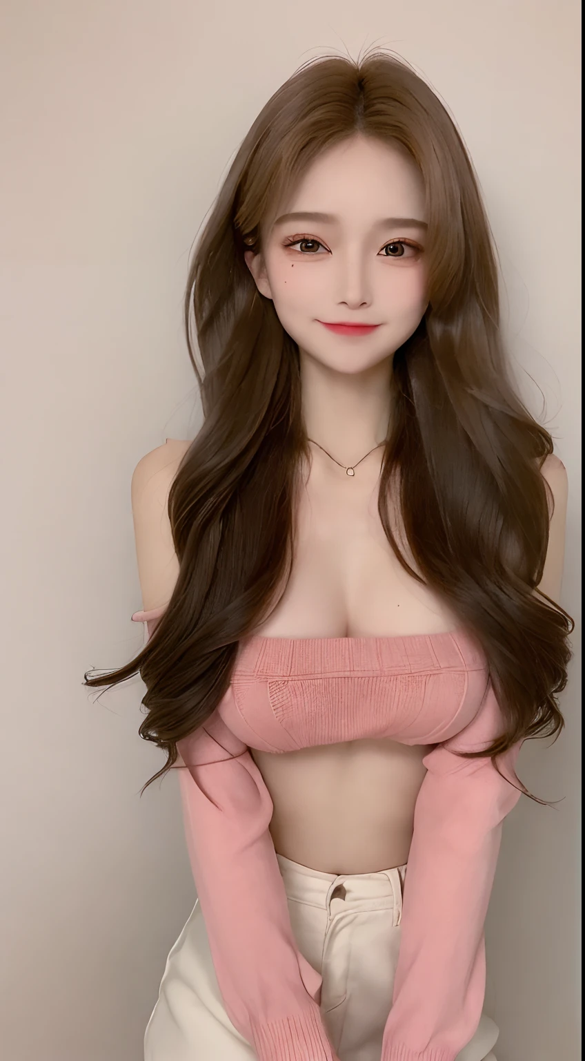 ((Night, Realistic Light, Best Quality, 8K, Masterpiece: 1.3)), 1girl, Slim Beauty: 1.4, Abs: 1.1, (Brown hair, Medium breasts: 1.3), Long pink sweater: 1.1, Bathroom, Super fine face, Delicate eyes, Double eyelids, smile, necklace