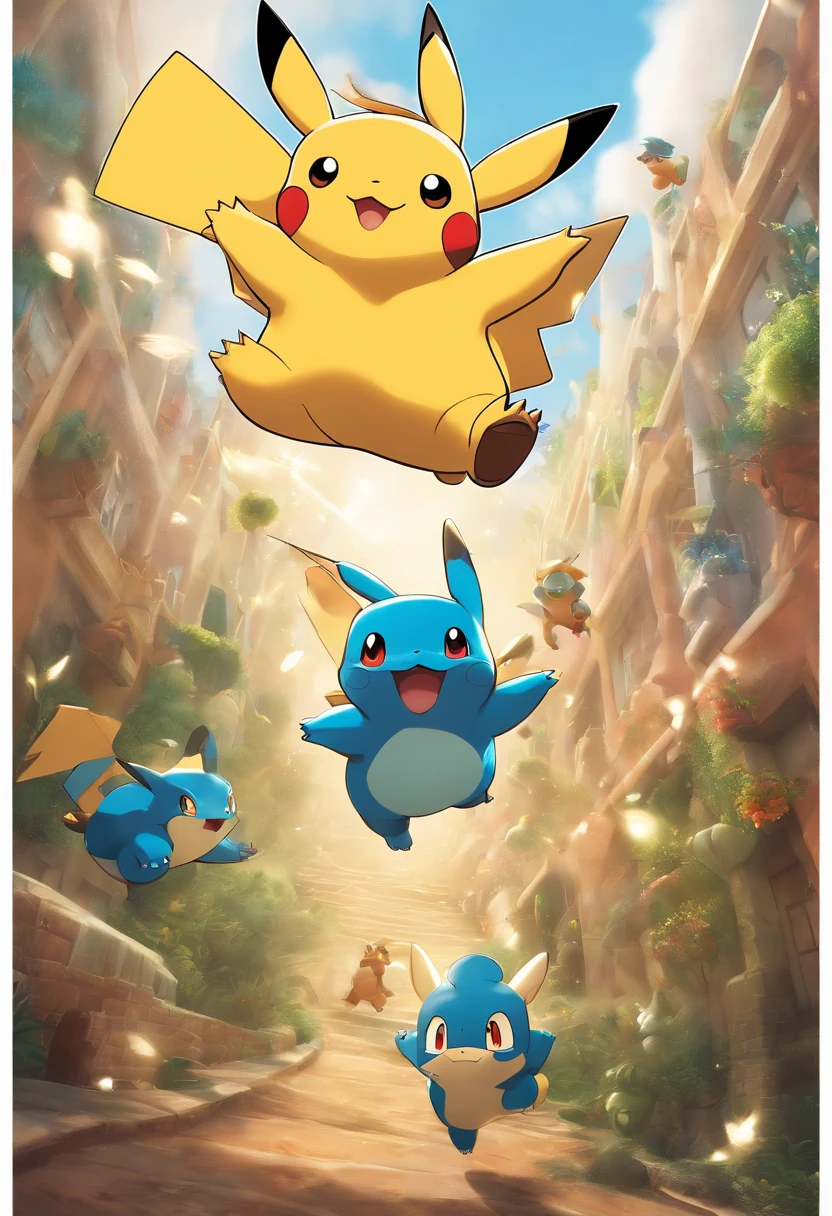 Fotografia completa e centralizado, Fotografia com Qualidade 8k, Hiper Realismo na Fotografia, ultra Realismo na Fotografia, obra-prima, melhor qualidade, Pokémon Pikachu characters, Bulbasaur, Snorlax, Lucario, Charizard todos juntos em uma festa infantil se divertindo, pulando, brincando, fun, heaven, nuvem, (Close-up:1.1), brilhante, Feliz, divertido, soft-lighting, (Bauhaus, Forms, linhas, abstrato:1.1), (the Character is sideways in the photograph in the Attack position), The character is sideways to the right flying in the attack position, ((melhor qualidade)), ((obra-prima)), (detalhado), 8k UHD, Nikon 70d |, ISO200, F/2.8, 1/25seg, 70mm.