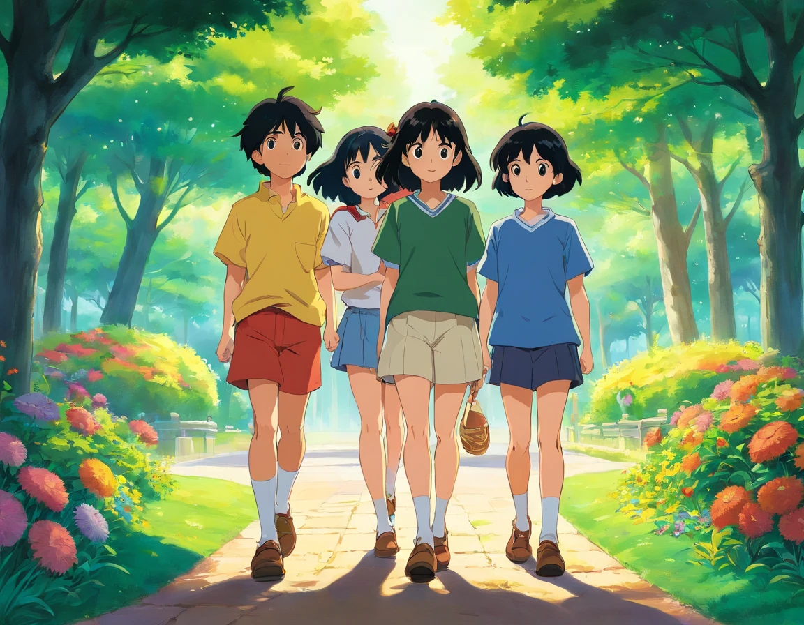 Four Girls black hair, Two Boys black hair, At the park