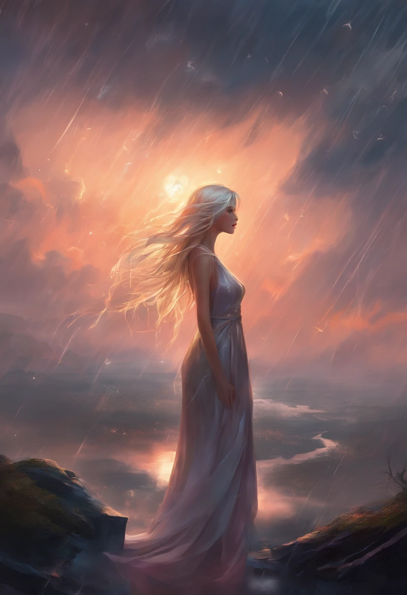 Sad girl,cry,darkness,Rain sky,。.。.。.。.。.。.。.。.3D,Upscale,hard disk,a blond,is crying,with his back turned