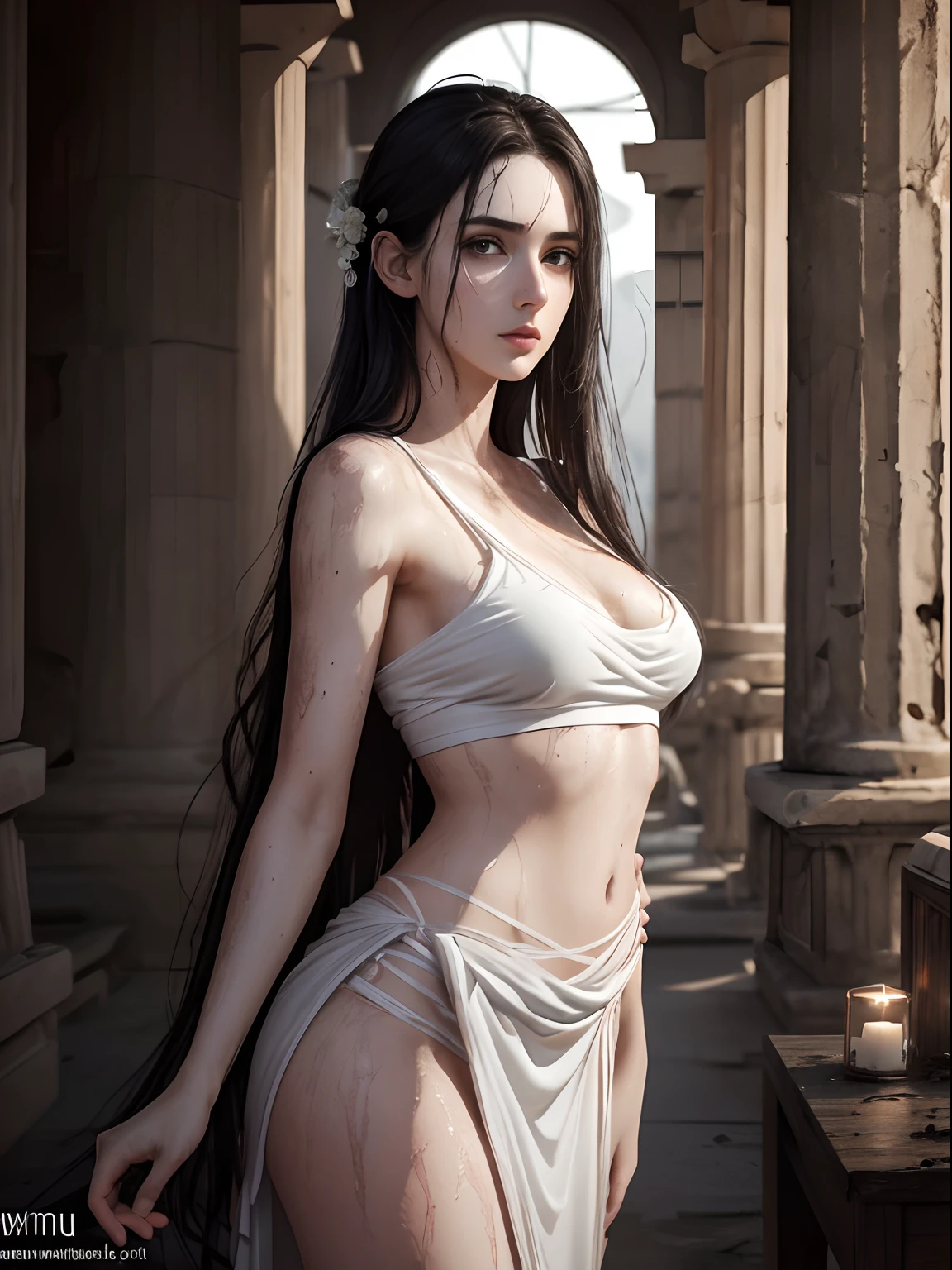 (A beautiful 25 years old female Greek maiden:1.4), (messy long black hair:1.2), (pale skin), (detailed dirty and sweaty skin:1.4), (naughty face), (wearing white minimalistic and revealing Greek maiden outfit:1.4), (waist up shot:1.2), view from front, (sexy pose:1.2), (ambient lighting:0.8), (candle-lit temple at night:1.2), photo realism, intricate face detail, intricate hand details, highly detailed, vibrant colors, cinematic, 8k, trending on Artstation--style raw