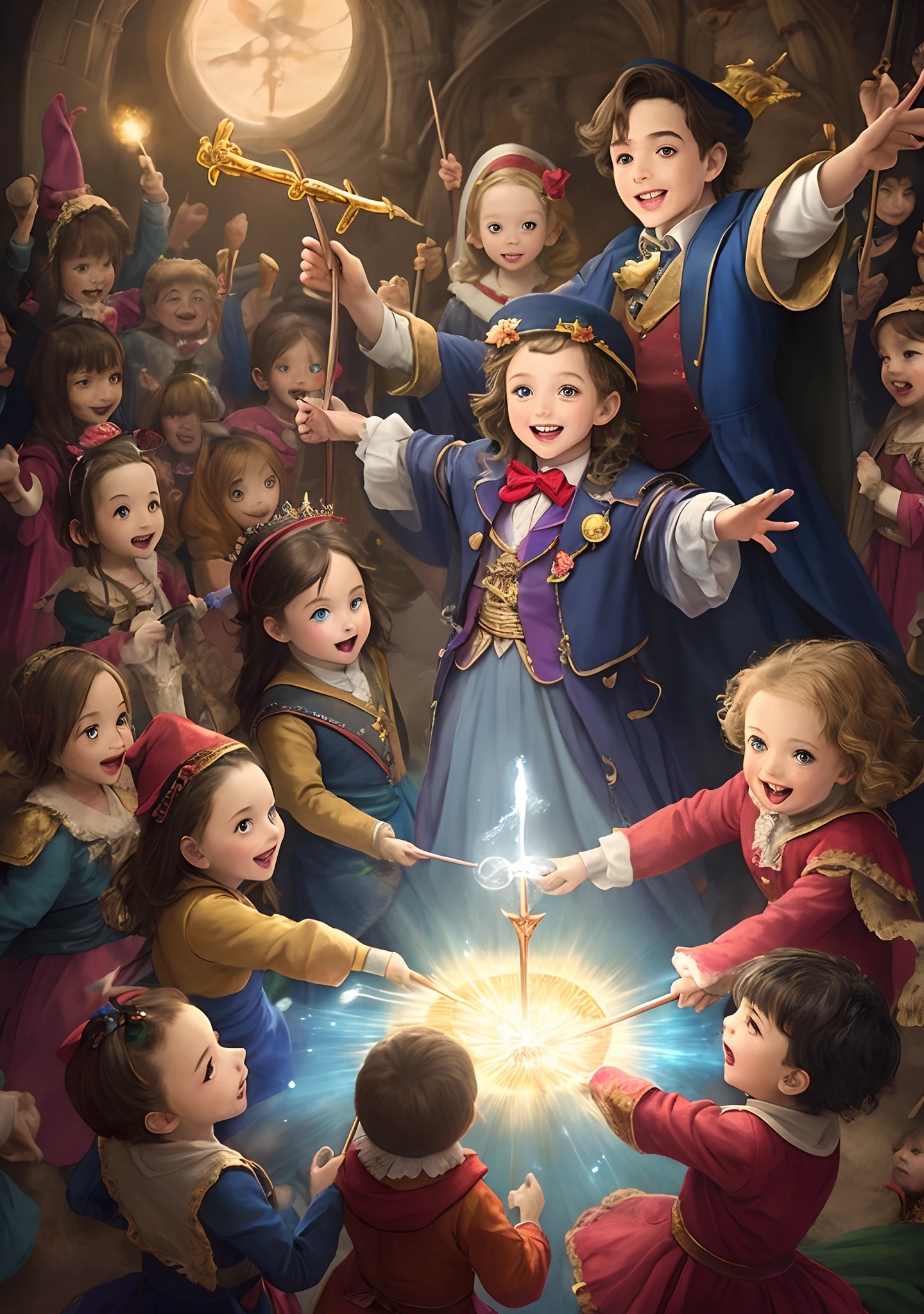 The magician leads children with magic wands to conquer freedom