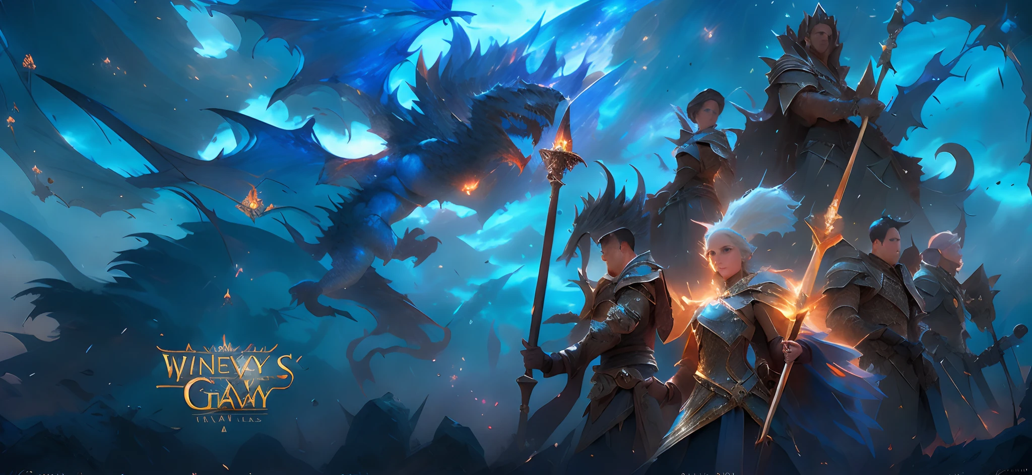 a close up of a group of people holding swords in front of a sky, key art, game key art, d & d fantasy digital art, epic fantasy digital art style, promotional art, ori and the will of the wisps, by Juan O'Gorman, d & d dragon age warcraft, epic fantasy game art, cover game art, fantasy mmo