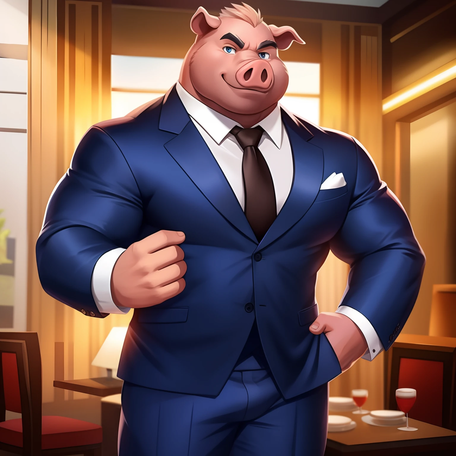The head is a pig、The body is macho、wears a suit