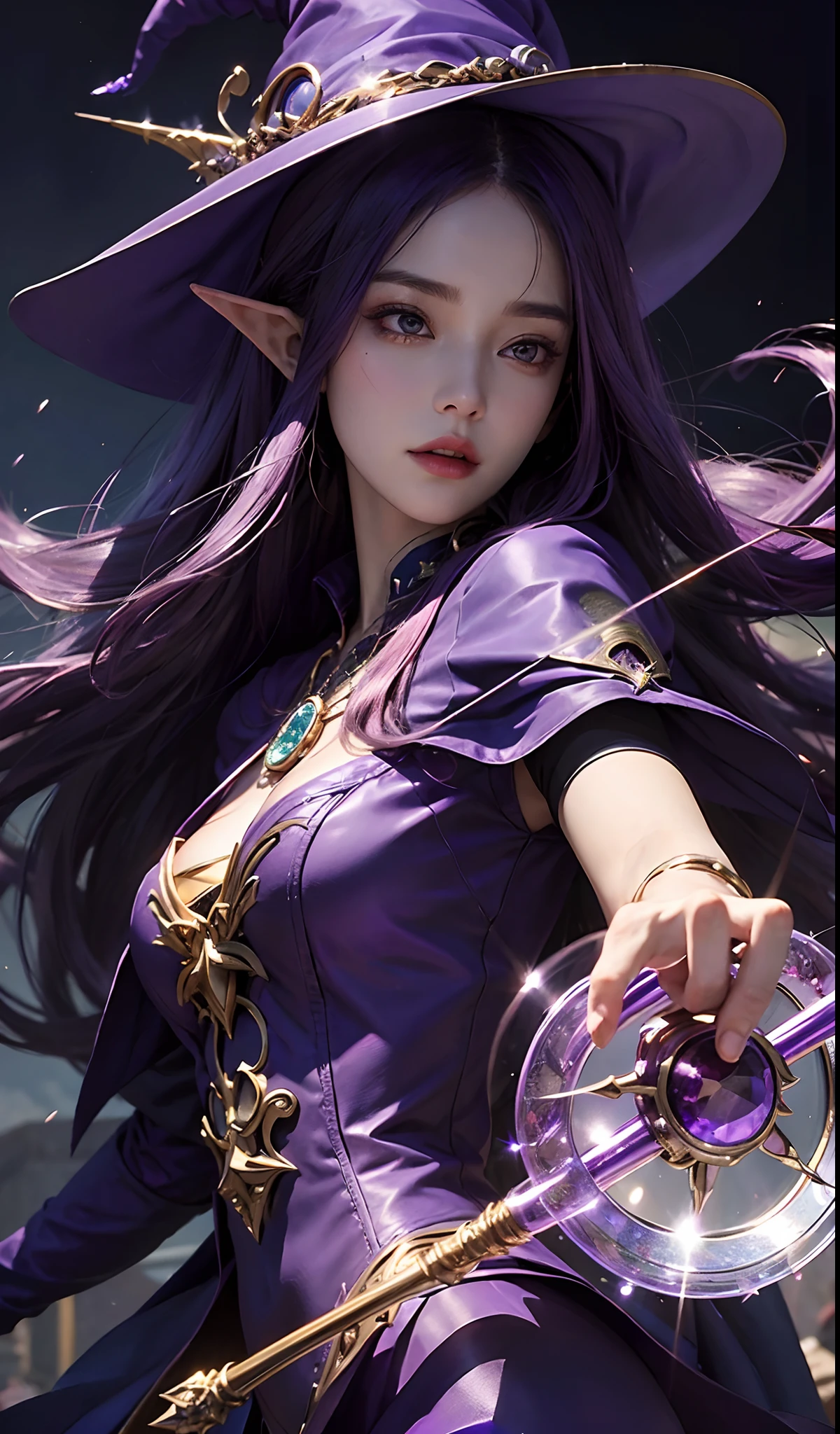 Best quality, Masterpiece, Detailed, Long dress, Purple-haired woman, holding a staff, Artgerm inspired, pixiv contest winner, The Witch, berserk art style, Close-up portrait, Purple crystals, Magic Hat,high-heels,the elf...