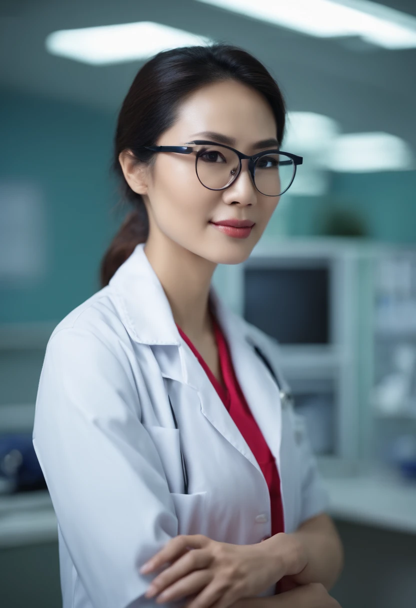 Asian female doctor wears glasses in the clinic