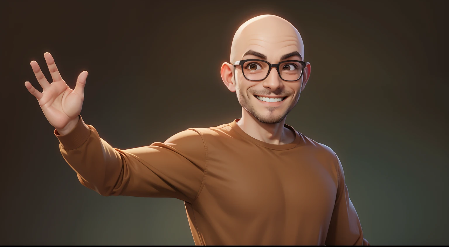 one character,bald man wearing glasses, without a beard, in brown clothes ,brown tshirt,  with a  smile, waving