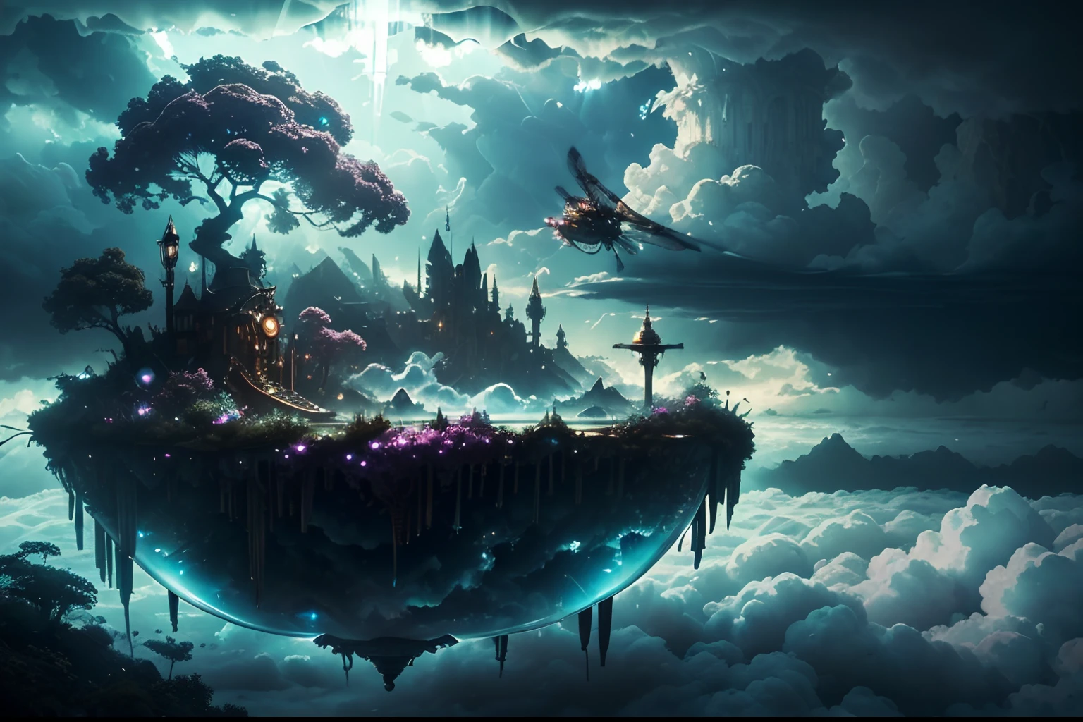 (fused steampunk and fly in the sky and dark paradise landscape and aerodynamics:1.3), under cloud, around cloud, mist, fog, dark palette, mythical fantasies, swirling vortexes, dark and intricate, filigree, holiness, ameliorate, fairy grunge style, highly digital painting, highly digital painting, all captured in sharp focus, rendered in stunning 32k resolution, glass, glass ball, broken glass, neuron flower and tree, water fall, (in the translucent clouds:1.6), extremely finely detailed, epic high quality, insanely beautiful illustration,