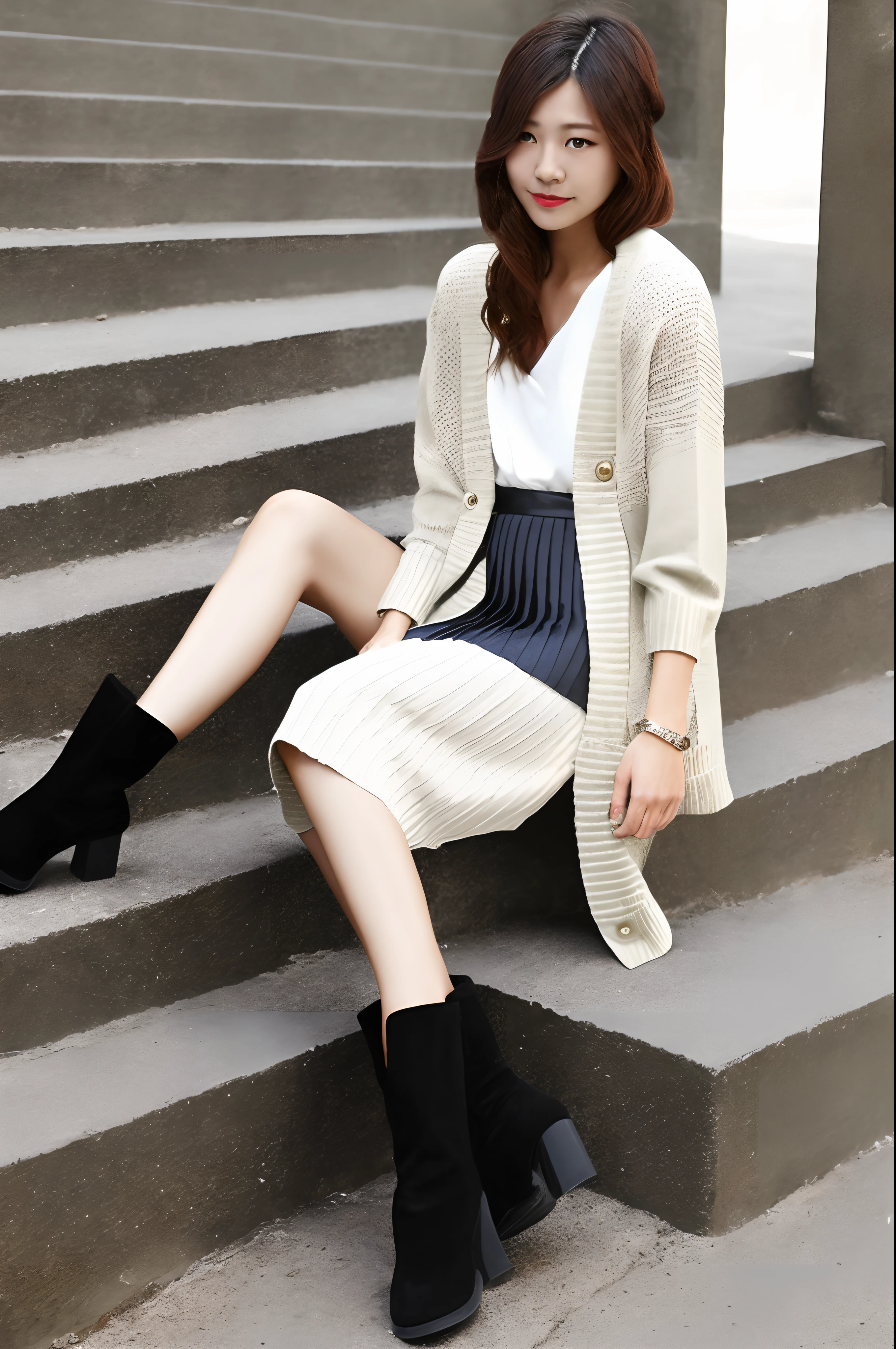 V-neck cardigan、Pleated Flower Skirt、Heel Short Boots、Realistis、Beautie