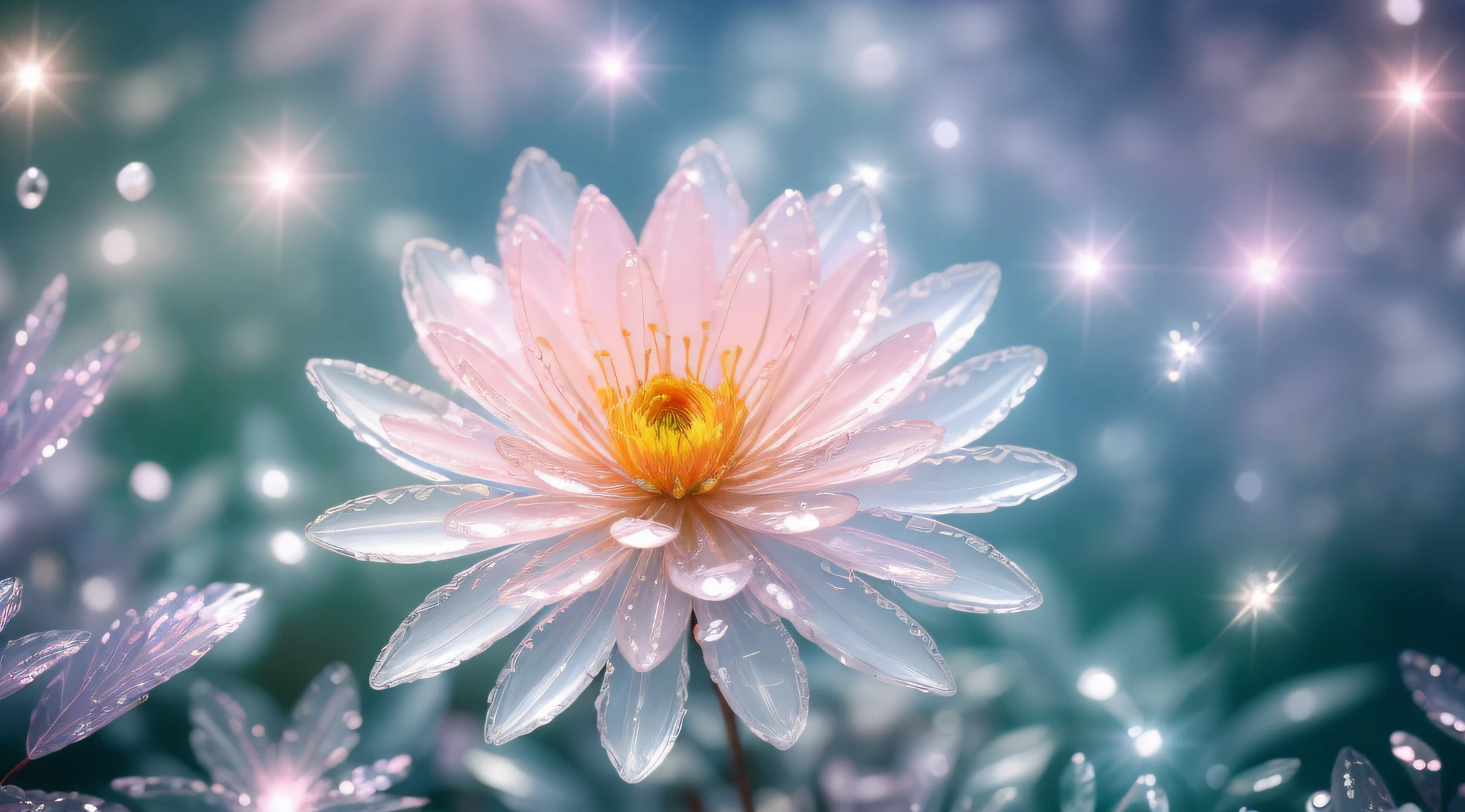 Crystal spring flower,Pink white gradient,water drop,Fantastical, galaxies, Transparent,, Pink white gradient,water drop,Light blue leaves,Sparkle, Sparkle, brilliance, Water,colorful,, Magical photography of light blue leaves, dramatic illumination, Photo realism, Ultra detailed, 4k, depthoffield, high resolusion