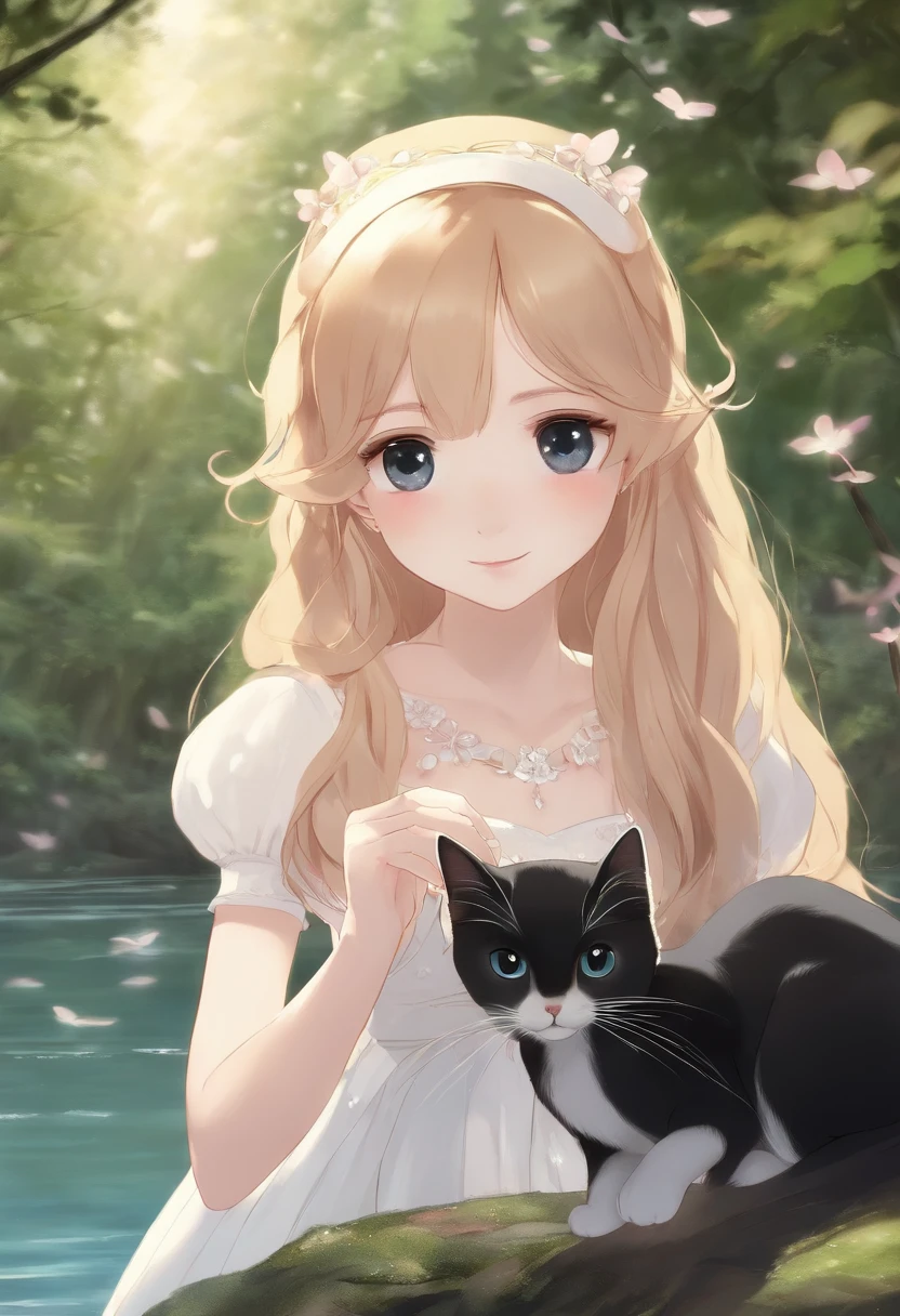 2010s anime, a girl, a princess
wearing a golden crown and a white pink dress looks at a small and cute cartoon black cat, gazing at each other,standing in the clear river water of the forest, sunny days, tyndall effect, lateral face, close up, close shot:3, clear,japanese manga, fairy tale style,bright color tones,detail, dream,clear facial details, dazzle, glitter,ultra details, contour light, animation illustration, high detail, 16k, masterpiece, best quality, amazing, fine details, ealistic, ultra detailed, in style of disney animation, animated movie scene, art in the style of disney, iconic popculture references --niji 5