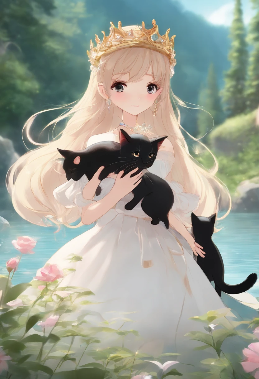 2010s anime, a girl, a princess
wearing a golden crown and a white pink dress looks at a small and cute cartoon black cat, gazing at each other,standing in the clear river water of the forest, sunny days, tyndall effect, lateral face, close up, close shot:3, clear,japanese manga, fairy tale style,bright color tones,detail, dream,clear facial details, dazzle, glitter,ultra details, contour light, animation illustration, high detail, 16k, masterpiece, best quality, amazing, fine details, ealistic, ultra detailed, in style of disney animation, animated movie scene, art in the style of disney, iconic popculture references --niji 5
