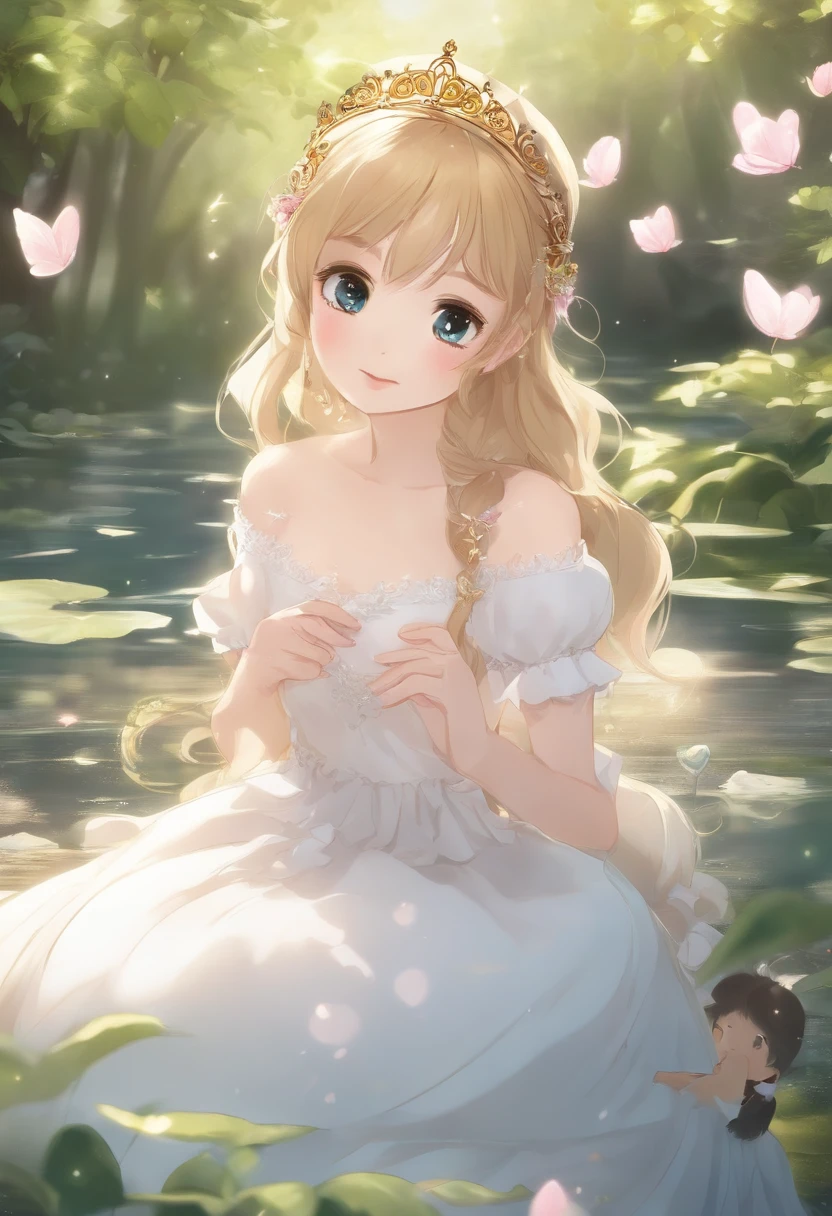 2010s anime, a girl, a princess
wearing a golden crown and a white pink dress looks at a small and cute cartoon black cat, gazing at each other,standing in the clear river water of the forest, sunny days, tyndall effect, lateral face, close up, close shot:3, clear,japanese manga, fairy tale style,bright color tones,detail, dream,clear facial details, dazzle, glitter,ultra details, contour light, animation illustration, high detail, 16k, masterpiece, best quality, amazing, fine details, ealistic, ultra detailed, in style of disney animation, animated movie scene, art in the style of disney, iconic popculture references