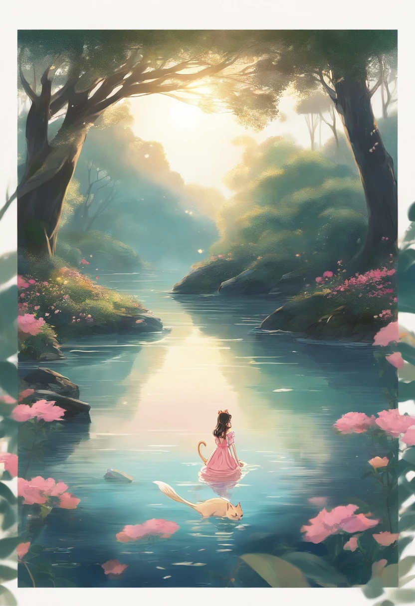 2010s anime, a girl, a princess
wearing a golden crown and a white pink dress looks at a small and cute cartoon black cat, gazing at each other,standing in the clear river water of the forest, sunny days, tyndall effect, lateral face, close up, close shot:3, clear,japanese manga, fairy tale style,bright color tones,detail, dream,clear facial details, dazzle, glitter,ultra details, contour light, animation illustration, high detail, 16k, masterpiece, best quality, amazing, fine details, ealistic, ultra detailed, in style of disney animation, animated movie scene, art in the style of disney, iconic popculture references