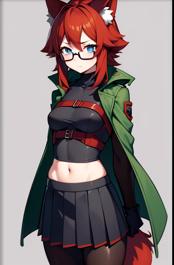 softly toned young adult, small breasts, short scruffy red hair, fox girl, pale blue eyes and black glasses, really sad, wearing a dark green coat, red comfy undershirt, long black pleated skirt, black autumn gloves