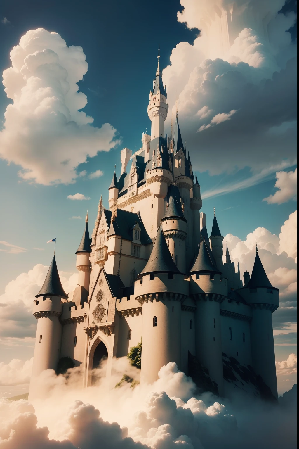 a castle made out of clouds, full clouds, clouds with the shape of a castle, clouds shaped, materpiece, best quality