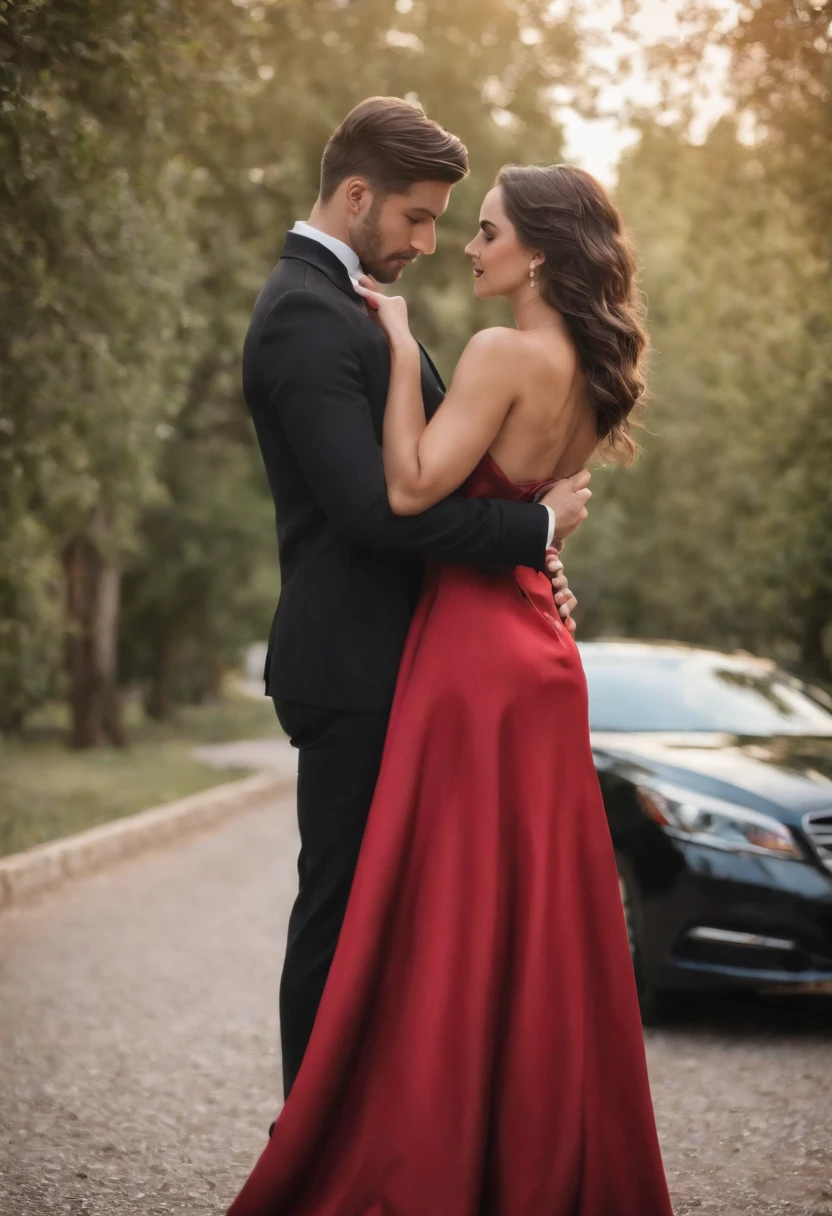 Homem de terno preto e mulher de vestido vermelho, um casal elegante, Lovely couple, romantic couple, homem e mulher, Photo Session, com longos cabelos pretos, Homem e mulher apaixonados, foto de retrato, pose de casal, par, attractive female, vestindo roupas pretas elegantes, com cabelos pretos, apelo masculino alta moda, Fumegante, muito intenso, sensual,