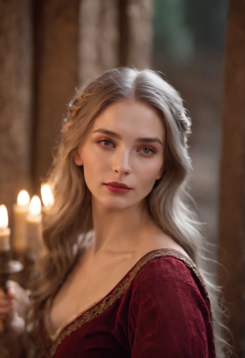 (((A deep red wound streaked across her left cheek))) Fair complexion, A woman around 19 years old, Natural gray hair, Unique green eyes, Wear Cole, Slender and graceful, Beautiful, Candlelight in a medieval setting, super sharp focus, realistic lens, Medieval women's clothing, Four colors (Scar:1.4)
