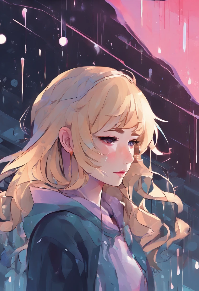 Sad girl,cry,darkness,Rain sky,。.。.。.。.。.。.。.。.。.3D,Upscale,hard disk,a blond,is crying,with his back turned