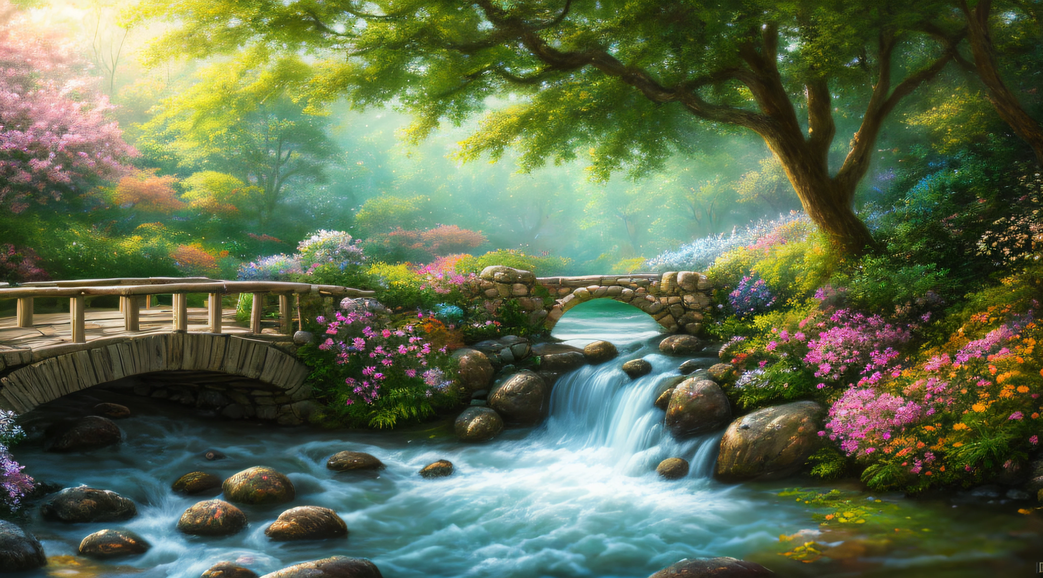 masterpiece, best quality, high quality,extremely detailed CG unity 8k wallpaper, An enchanting and dreamy scene of a fantasy forest, beautiful cottage beside a stream,a stone bridge,with towering trees, swans in the water,  glowing flowers, and hidden fairy glens, creating a sense of mystique and enchantment, artstation, digital illustration, intricate, trending, pastel colors, oil paiting, award winning photography, Bokeh, Depth of Field, HDR, bloom, Chromatic Aberration ,Photorealistic,extremely detailed, trending on artstation, trending on CGsociety, Intricate, High Detail, dramatic, art by midjourney