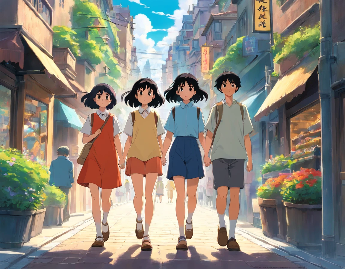 four girls, black hair, two boys, black hair, walking in the city