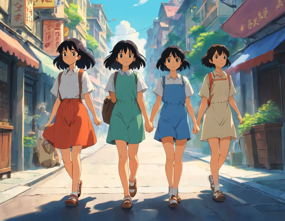 four girls, black hair, two boys, black hair, walking in the city