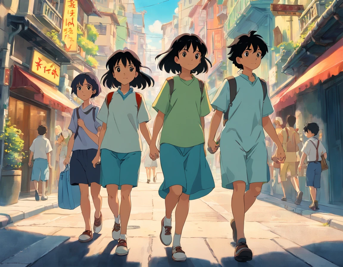 four girls, black hair, two boys, black hair, walking in the city