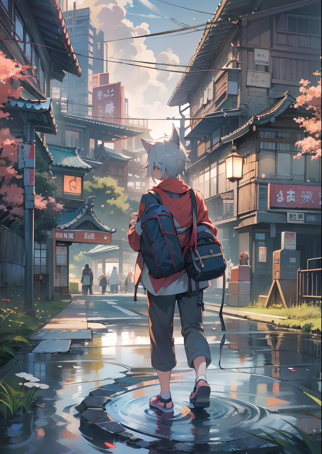 1boy,Man's ,Cyberpunk Boy、silber hair、cat ear、poneyTail、The beginning of the adventure、Dragon in the sky、Magic Hour with Clouds,Beautiful fireworks、ruined and devastated city、Complex Japan buildings、school buildings、temple、shrines、railroad crossing、Bus stop、Trees、Warm lighting、puddles、Good old Japan landscape、Beautiful and fantastic summer landscape、Cinematic scenery、hightquality、masutepiece,8K、hight resolution、ultra-detailliert,