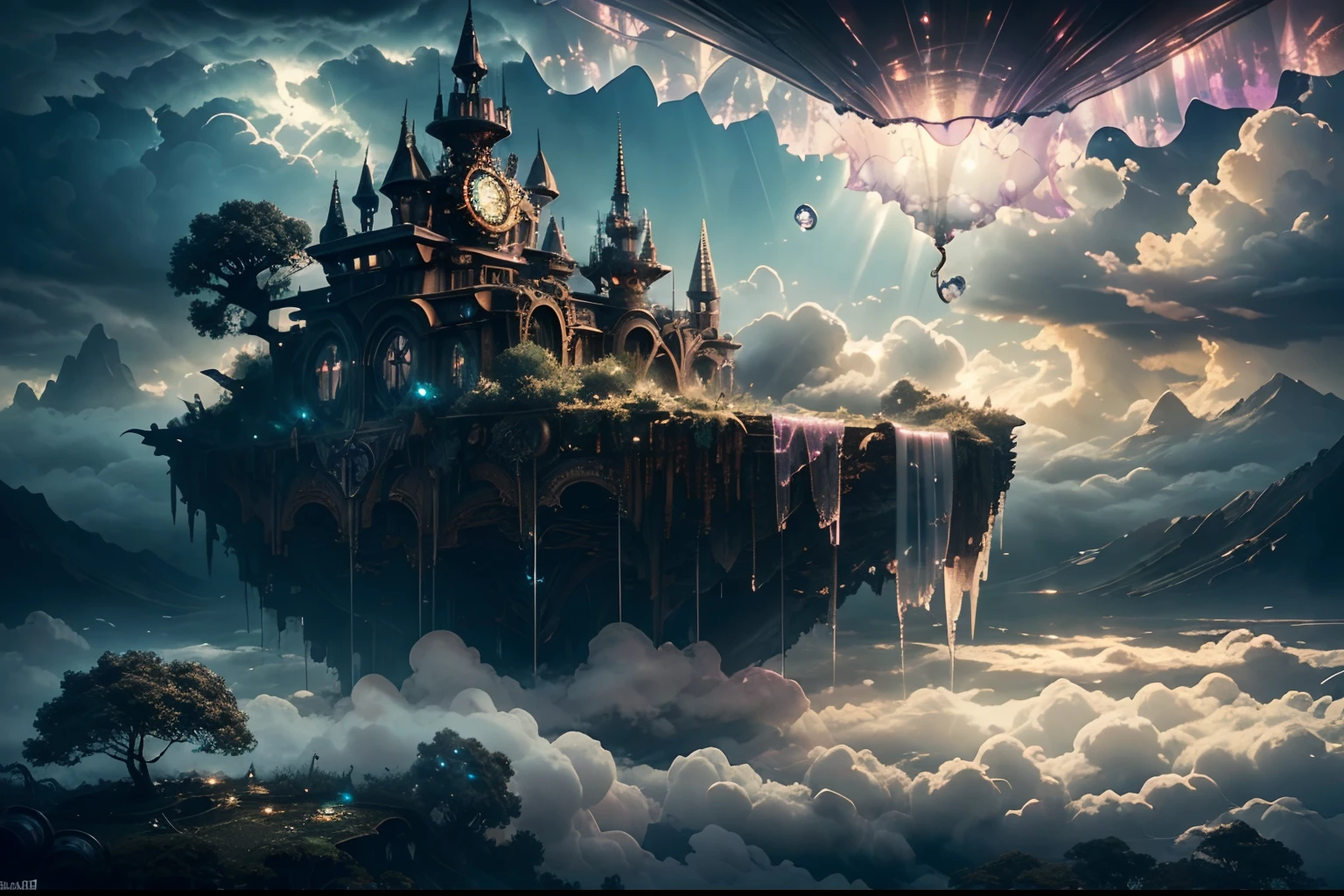 (fused steampunk and fly in the sky and dark paradise landscape and aerodynamics:1.3), under cloud, around cloud, mist, fog, dark palette, mythical fantasies, swirling vortexes, dark and intricate, filigree, holiness, ameliorate, (fairy grunge style:1.2), highly digital painting, highly digital painting, all captured in sharp focus, rendered in stunning 32k resolution, glass, glass ball, broken glass, neuron flower and tree, water fall, (in the translucent clouds:1.6), extremely finely detailed, epic high quality, insanely beautiful illustration,