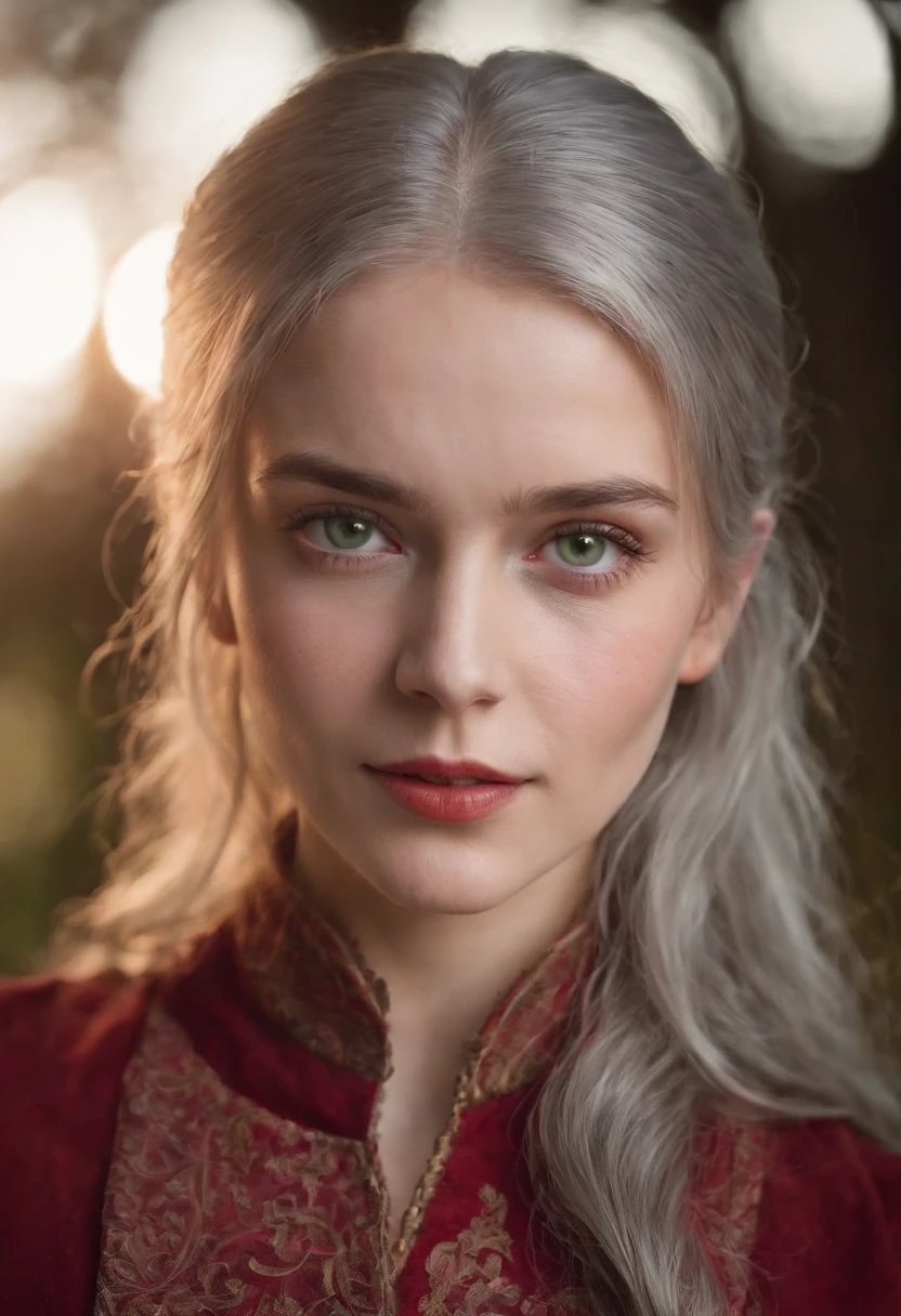 (((A crimson wound streaked across her left cheek))) Fair complexion, A woman around 19 years old, Natural gray hair, Unique green eyes, Wear Cole, Slender and graceful, Beautiful, Candlelight in a medieval setting, super sharp focus, realistic lens, Medieval women's clothing, Four colors (Scar:1.4)