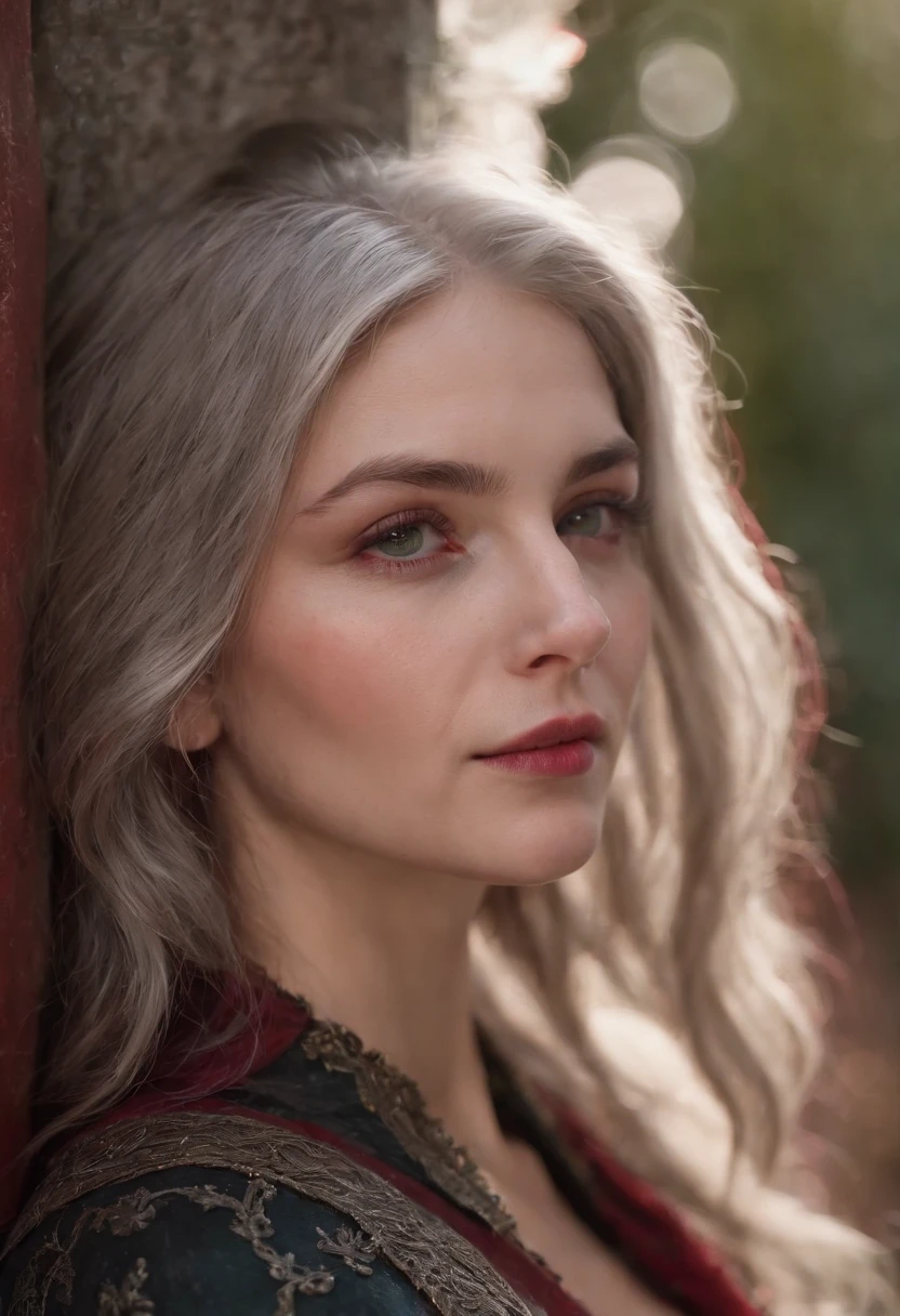 (((A crimson wound streaked across her left cheek))) Fair complexion, A woman around 19 years old, Natural gray hair, Unique green eyes, Wear Cole, Slender and graceful, Beautiful, Candlelight in a medieval setting, super sharp focus, realistic lens, Medieval women's clothing, Four colors (Scar:1.4)