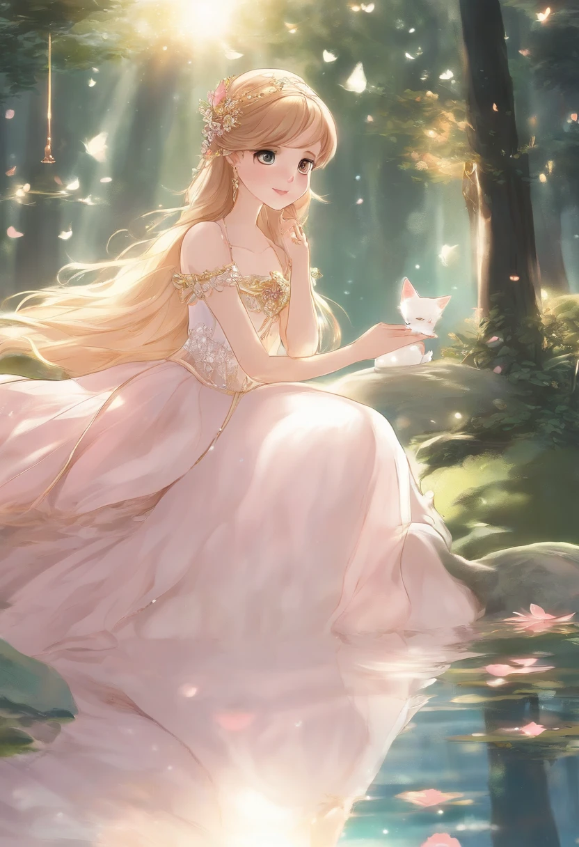 quadratic element, Princess wearing a golden-crowned white-pink dress looking at a small and cute cartoon black cat, Gaze at each other,Stand in the clear waters of the forest, Sunny days, Tyndall effect, Lateral face, Close up, Close-up Shot Shot:3, Clear,japanese manga, Fairy tale style,Bright shades,detail, Dream,Clear facial details, Dazzle, glitters,hyper-detailing, Contour light, animated illustration, High detail, 16k, Masterpiece, Best quality, Amazing, Fine details, ealistic, Ultra detailed, style of disney animation, animated movie scene, art in the style of disney, Iconic pop culture reference