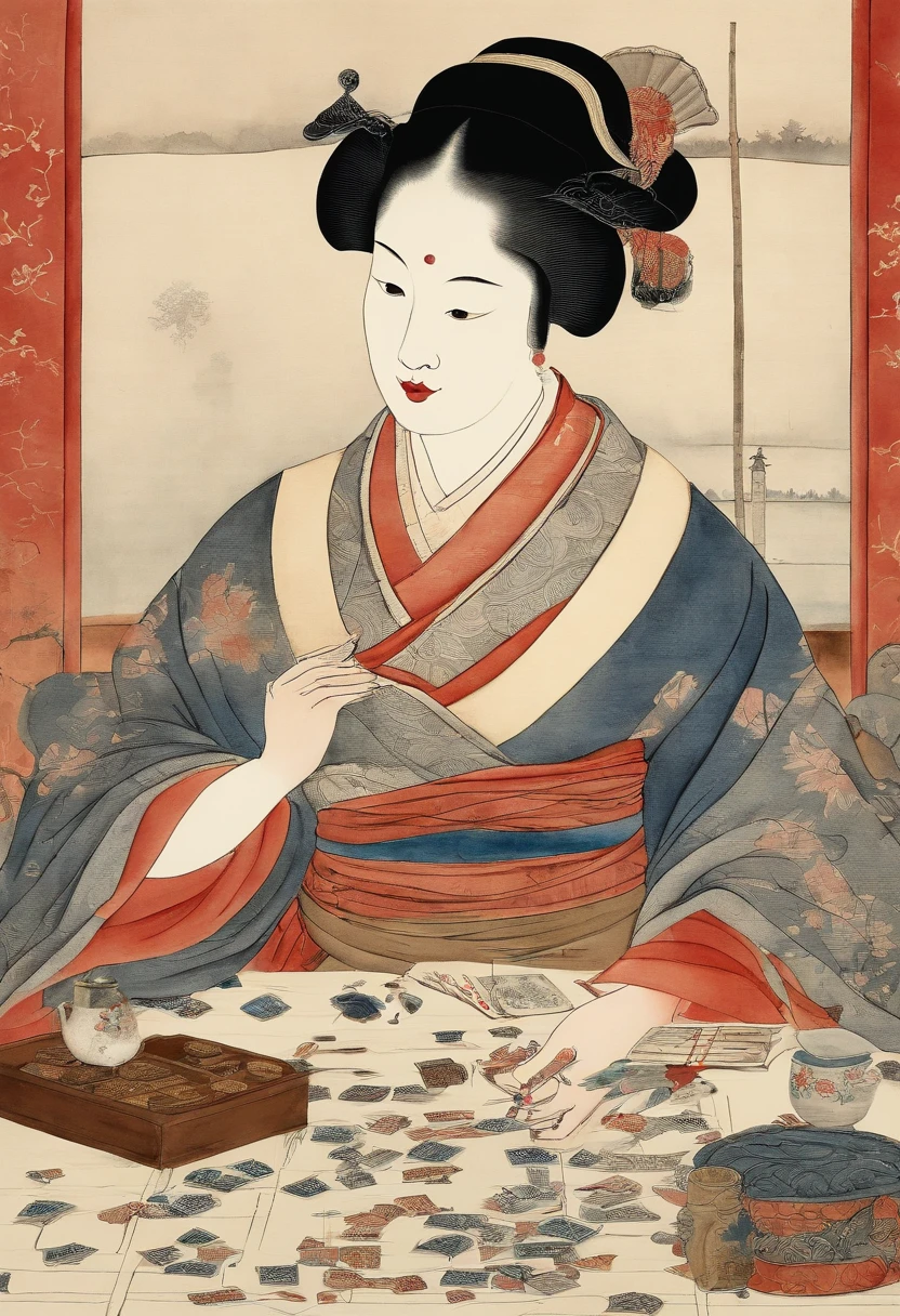 I play a board game、without background、simple background、Best Quality, Kitagawa Utamaro's style, ukiyoe painting, Woman playing cards,