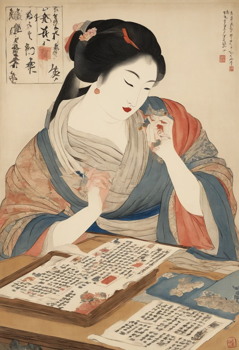 I play a board game、without background、simple background、Best Quality, Kitagawa Utamaro's style, ukiyoe painting, Woman playing cards,