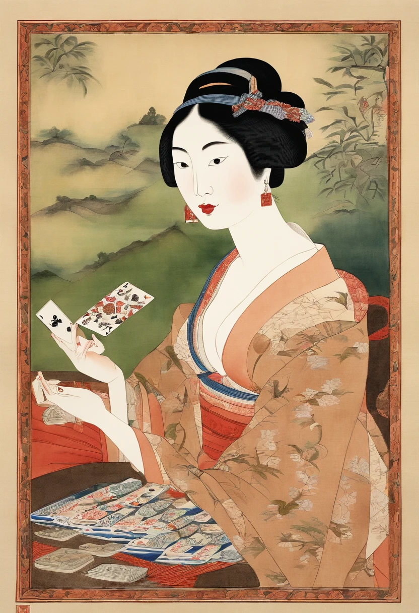 I play a board game、without background、simple background、Best Quality, Kitagawa Utamaro's style, ukiyoe painting, Woman playing cards,