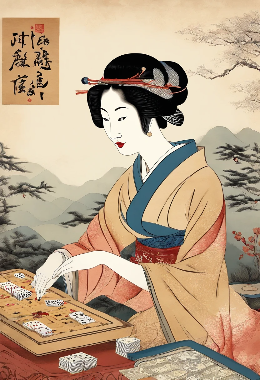 I play a board game、without background、simple background、Best Quality, Kitagawa Utamaro's style, ukiyoe painting, Woman playing cards,