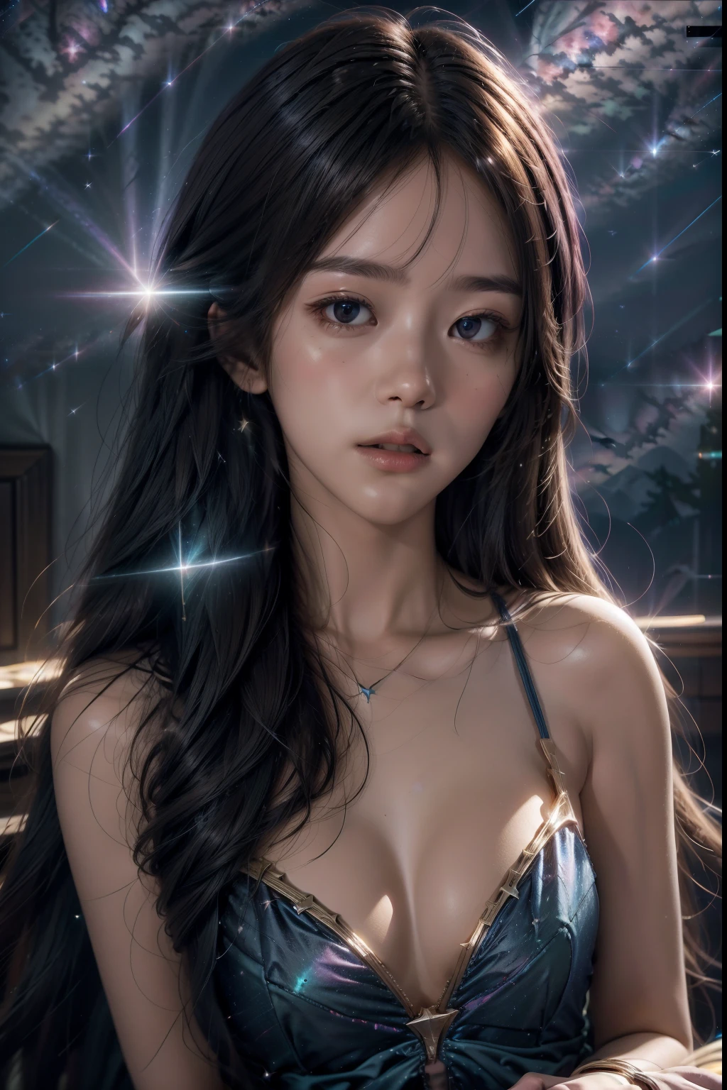 1girl，((Walk happily on the clouds))，Colorful flowing clouds，Sky blue starry sky background，hyper HD， tmasterpiece， Detailed textures， textureskin， super detailing， highly  detailed， k hd， high qulity， awardwinning， best qualtiy， A high resolution， 16k， （16k， RAW photogr， A high resolution， best qualtiy， superstratum： 1.2）， （realisticlying， photograph realistic： 1.37）， the space， scientific fiction， wide angles， planetes， kosmos， starlights， More spatial scenes， Halo， Rays （0.85）， As estrelas， As estrelas， planetes， meteors， stars in background， Galaxy in the background， Galaxy in the background， twinkle， [Shining Background]， Blue space， Bright blue， picturesque， [Star background]， glossy white， Bright blue， cyan colors， green color， cerulean， Sky Flame， constellation， Constellation chart， （eventide， amarelo， purpleish color， orange colors， dust： （0.5））， （Starcloud， Light red， Pink big breasts， Expose pervert： （0.3））， halftone background， light_Particle， flash lights， Star background， eventide， （Sky blue background， Deep background）： 1.5），Fraunhofer diffraction，Mainly[Optimize lighting（Remove unreasonable light fragments，Remove unreasonable halos，Remove light that causes image quality to deteriorate，Remove the backlight that stands out from the logic，Maintain gap transparency，And reduce the light intensity to no more（0.3），]