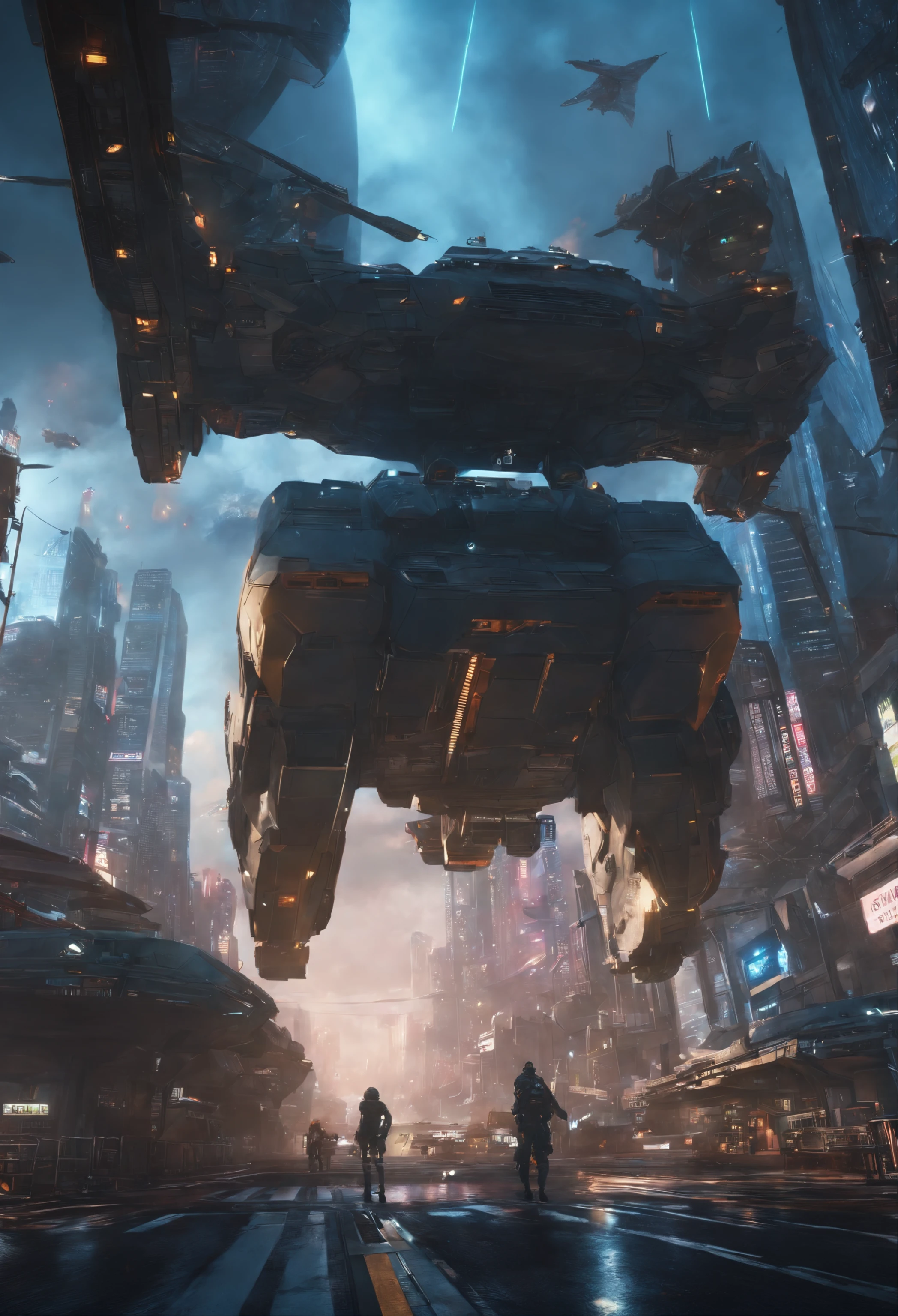 anime big breast Looking up Future combat vehicles fly overhead Vast and epic cyberpunk Tokyo 8K The is very detailed top-quality