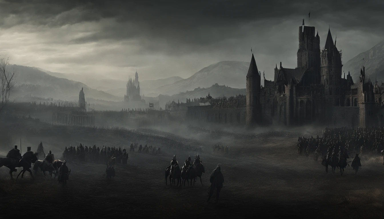 A huge army marched on the road,Fantastical,uni, detailed scenic view, , medieval village, ,Heroes of Might & Magic 3,Fantastical,4K,best qualtiy,primitive,Light,((Ultra-detailed and high-precision details)),Overlooking